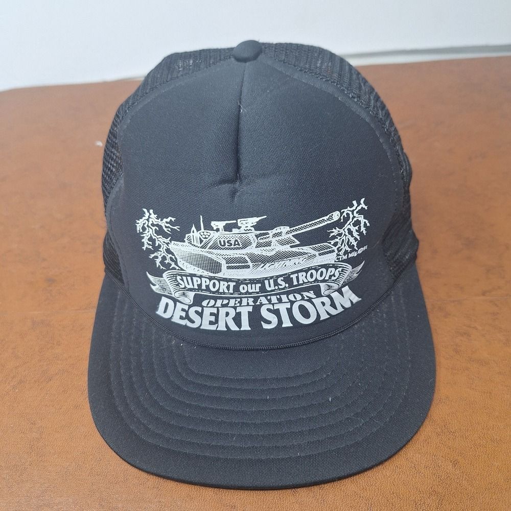 Black Mesh Trucker Hat Support Our Troops Operation Desert Storm USA Military